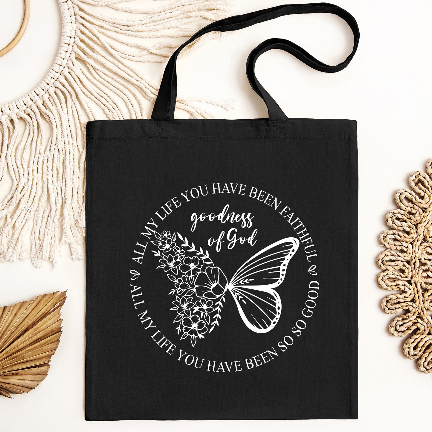 Goodness of God Canva Bag, Butterfly Boho Tote, All my life you have been faithful Bag,  Bible Verse Religious Gift