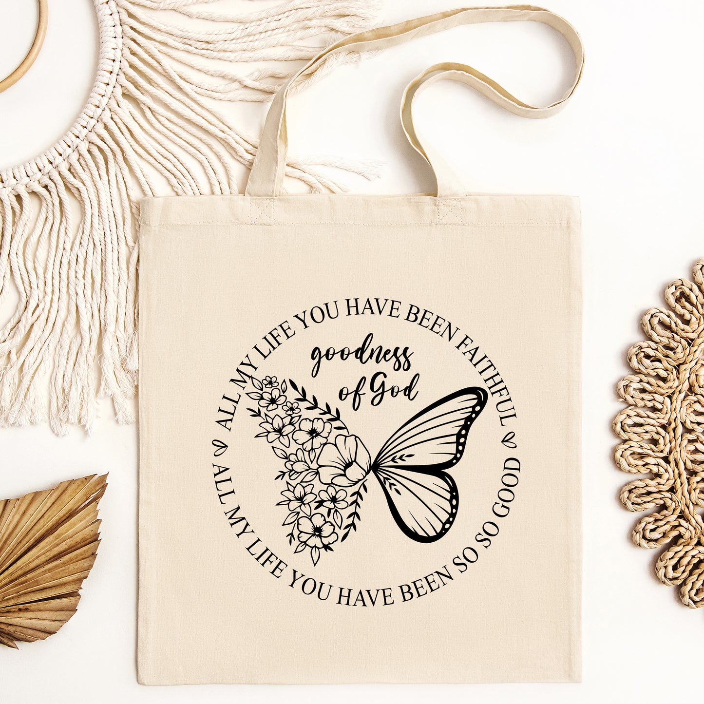 Goodness of God Canva Bag, Butterfly Boho Tote, All my life you have been faithful Bag,  Bible Verse Religious Gift