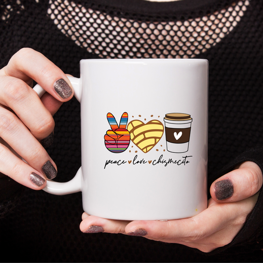 "Peace Love and Chismesito" Porcelain Ceramic Coffee Mug, Positive Message Gifts, Good Vibes Tea Cup, Inspirational Mug